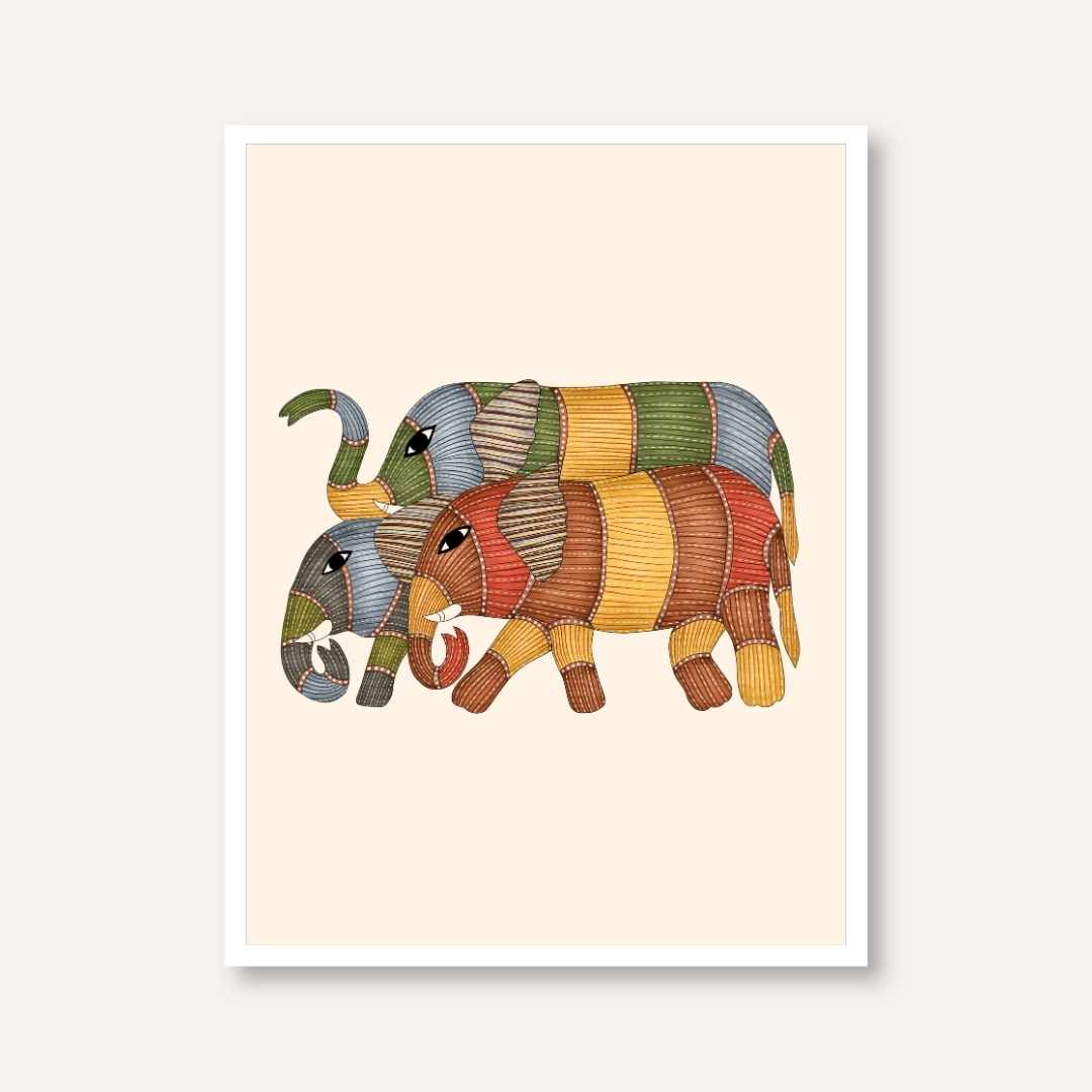 "Gond Art Elephants" Traditional Indian Tribal Art Giclée Print | Fine Art Wall Art 3 : 4 Vertical Premium Wall Art Canvas by MeriDeewar