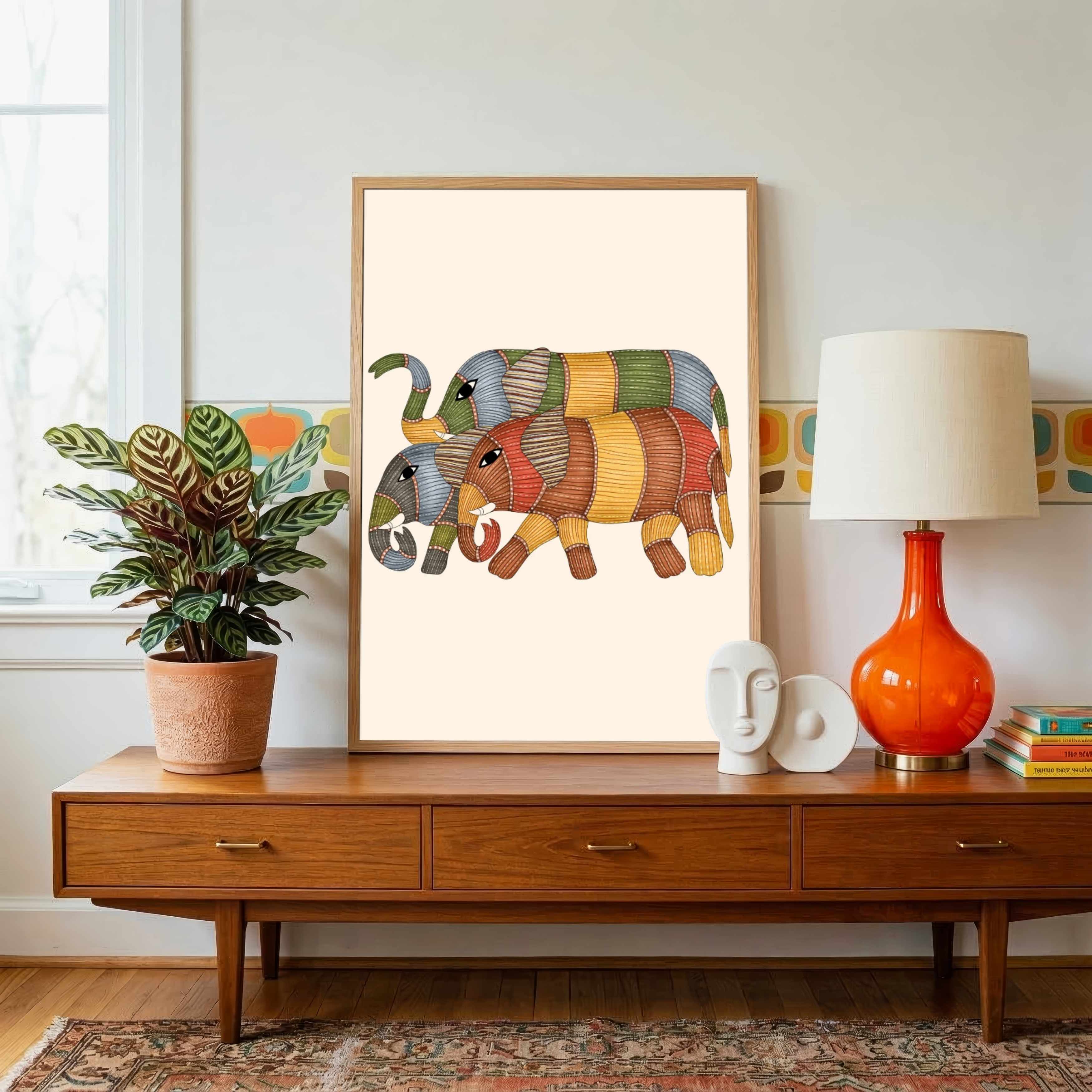 "Gond Art Elephants" Traditional Indian Tribal Art Giclée Print | Fine Art Wall Art 3 : 4 Vertical Premium Wall Art Canvas by MeriDeewar