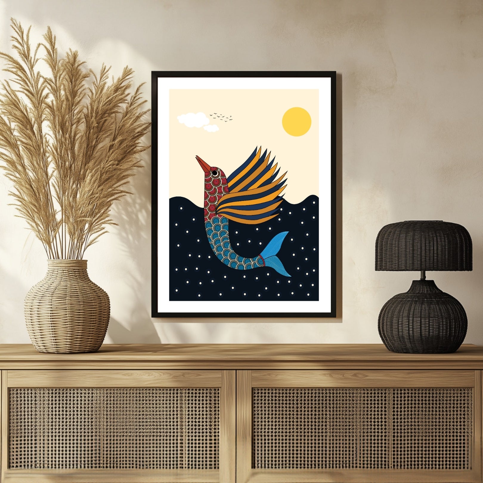 Gond Art Fish & Nature Painting – Vibrant Wall Decor at MeriDeewar 3 : 4 Vertical New Premium Wall Art Canvas by MeriDeewar