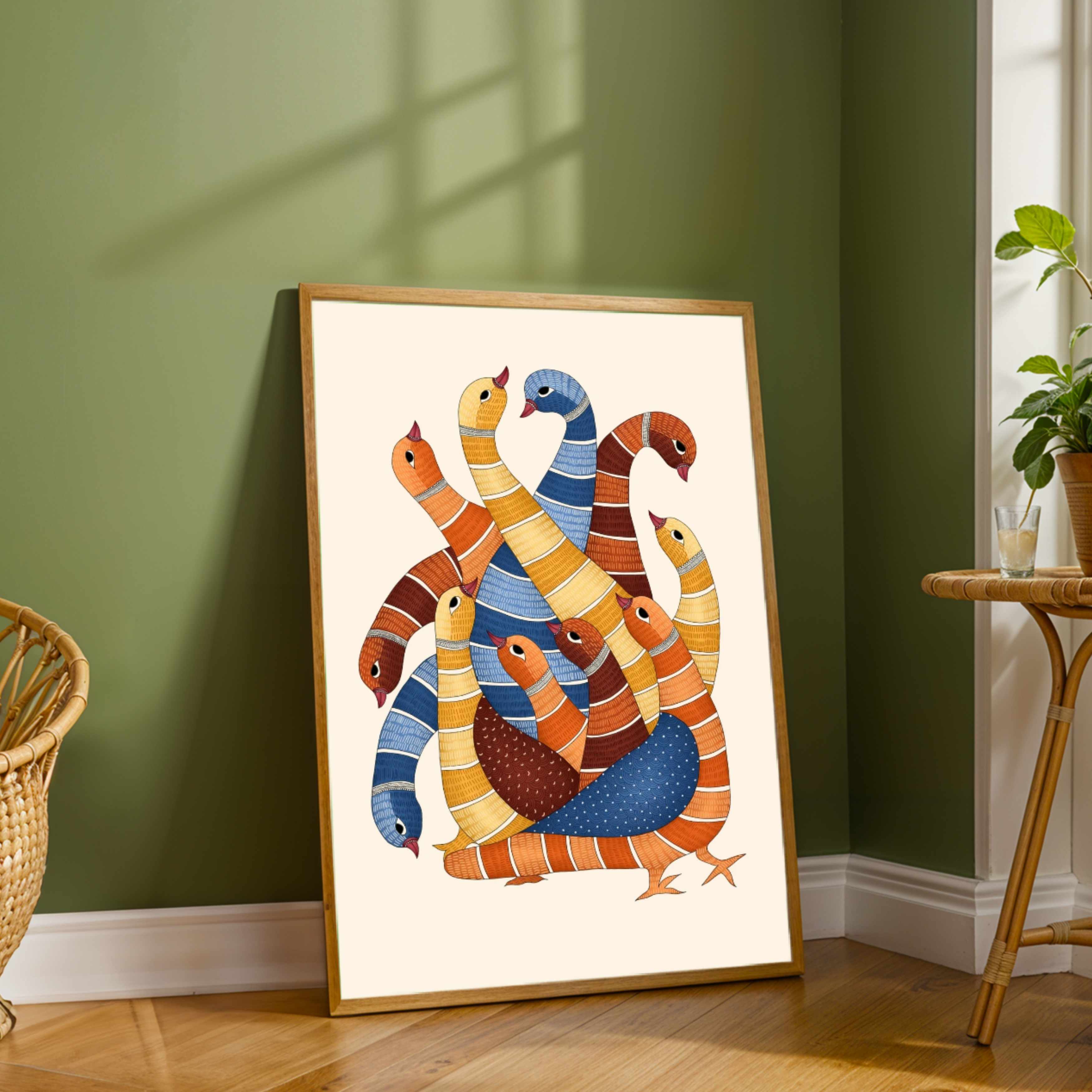 "Gond Art Flock of Birds" Traditional Indian Tribal Art Giclée Print | Fine Art Wall Art 3 : 4 Vertical Premium Wall Art Canvas by MeriDeewar