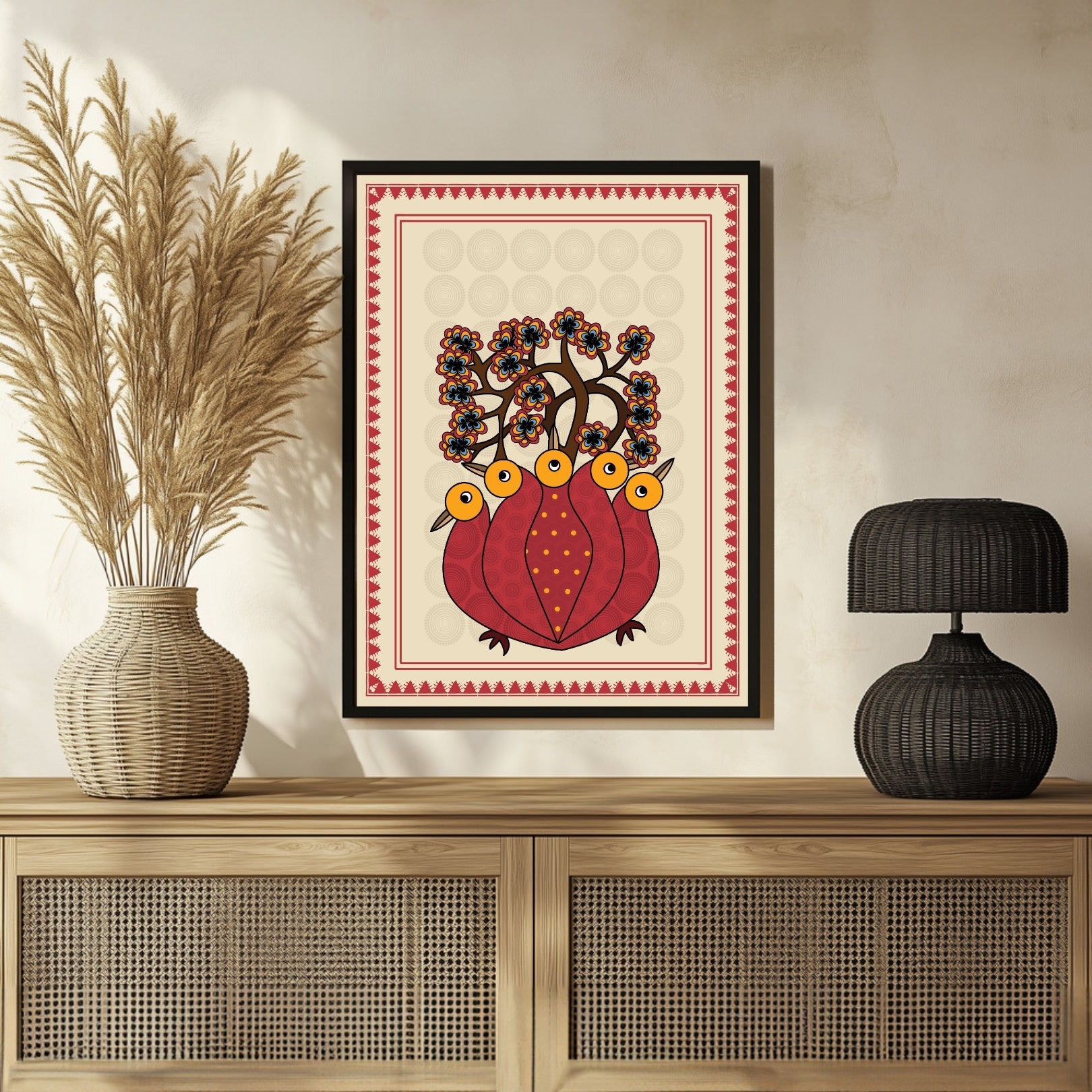 Gond Art Masterpiece: Peacock Harmony Painting – MeriDeewar 3 : 4 Vertical New Premium Wall Art Canvas by MeriDeewar