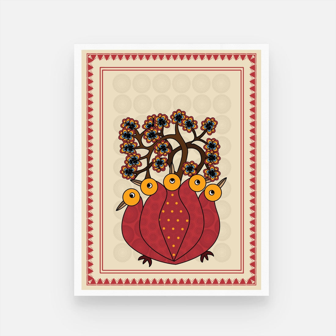 Gond Art Masterpiece: Peacock Harmony Painting – MeriDeewar 3 : 4 Vertical New Premium Wall Art Canvas by MeriDeewar