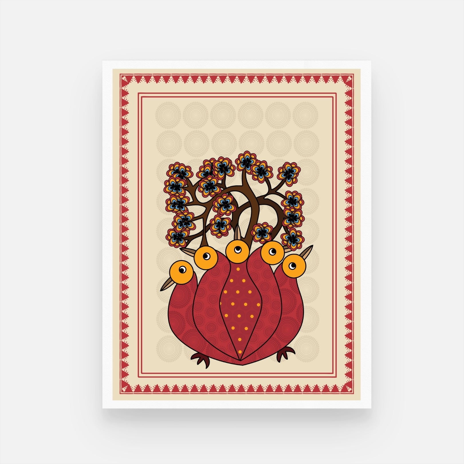 Gond Art Masterpiece: Peacock Harmony Painting – MeriDeewar 3 : 4 Vertical New Premium Wall Art Canvas by MeriDeewar