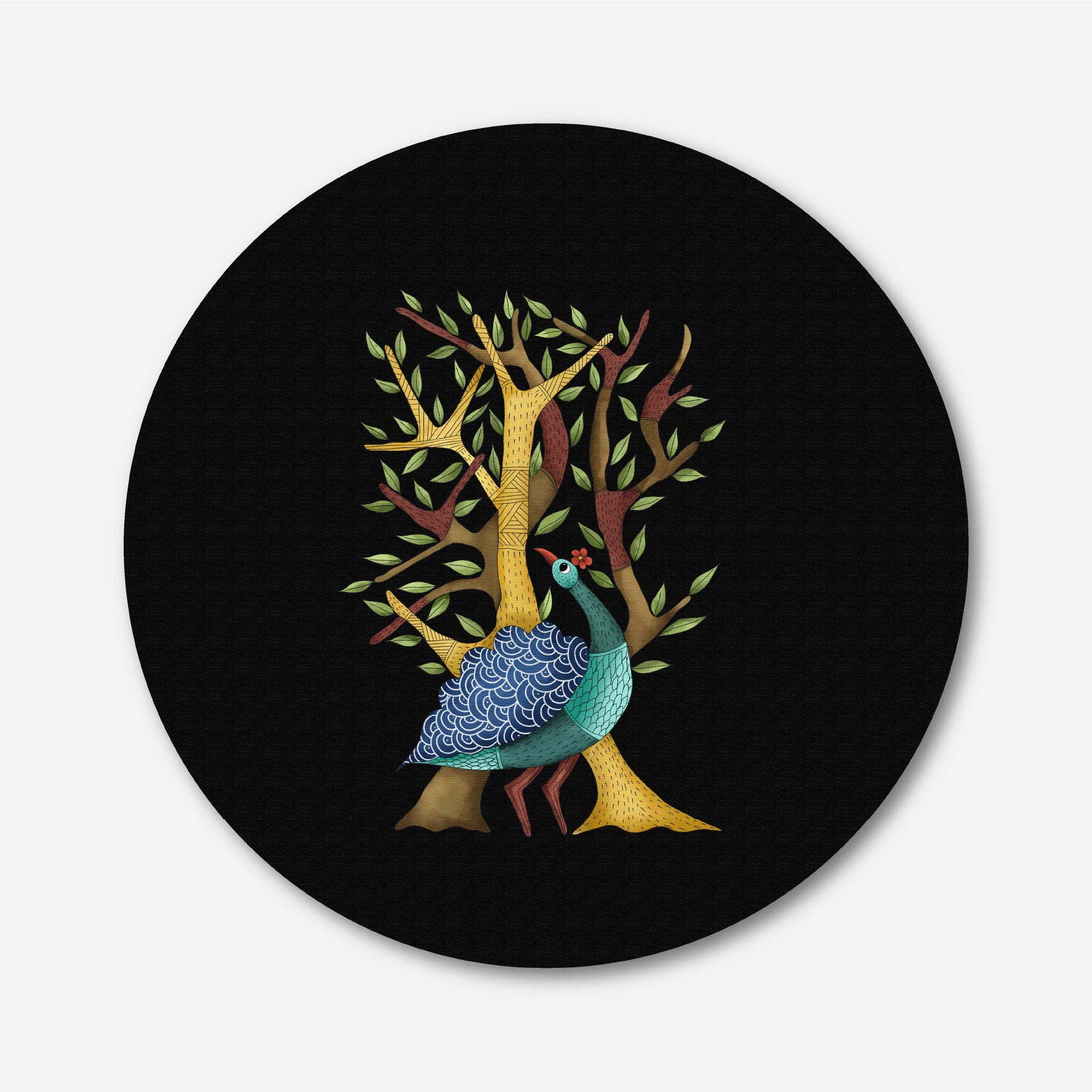 Gond Art Peacock Circular Canvas Frame Circular Canvas Frame Premium Wall Art Canvas by MeriDeewar