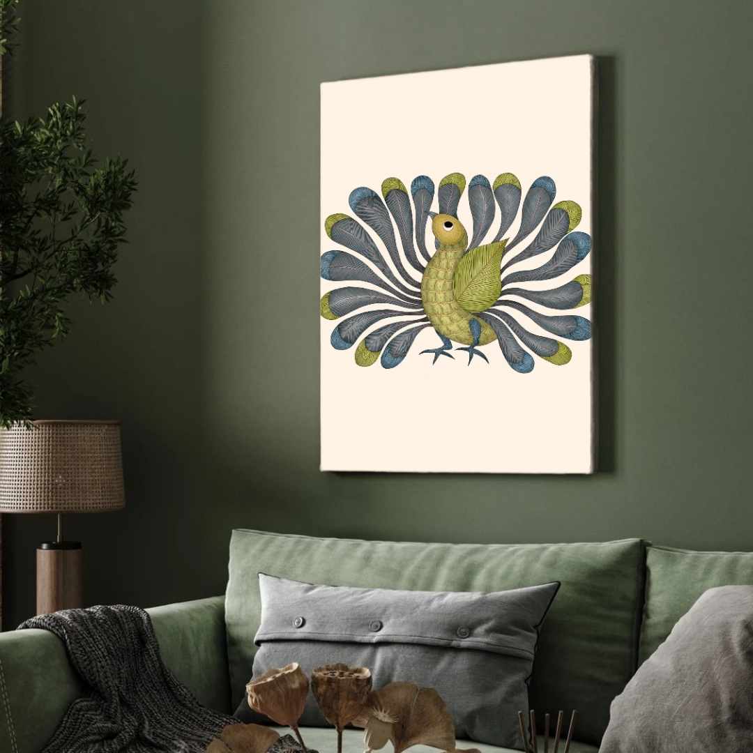 "Gond Art Peacock" Traditional Indian Tribal Art Giclée Print | Fine Art Wall Art 3 : 4 Vertical Premium Wall Art Canvas by MeriDeewar