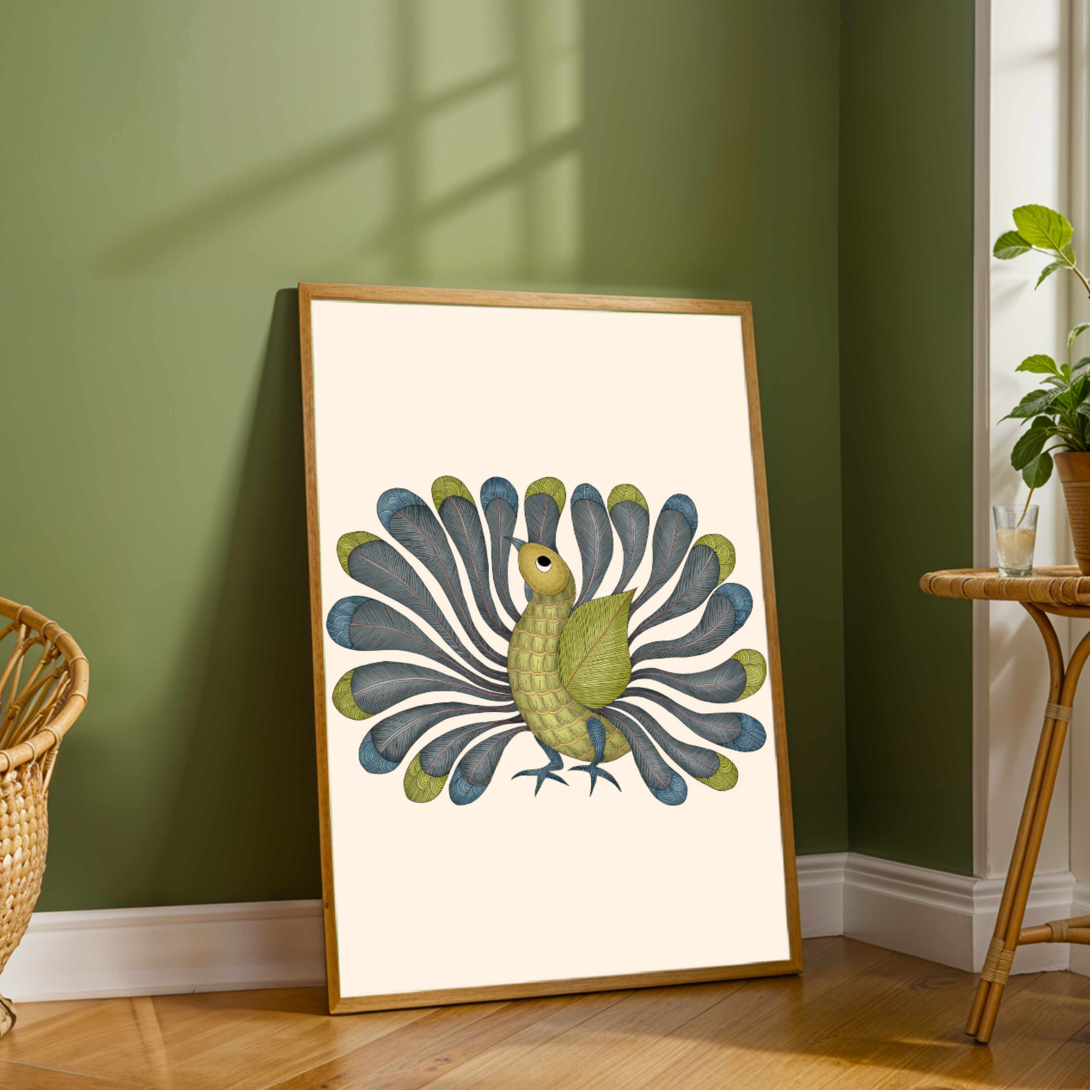 "Gond Art Peacock" Traditional Indian Tribal Art Giclée Print | Fine Art Wall Art 3 : 4 Vertical Premium Wall Art Canvas by MeriDeewar
