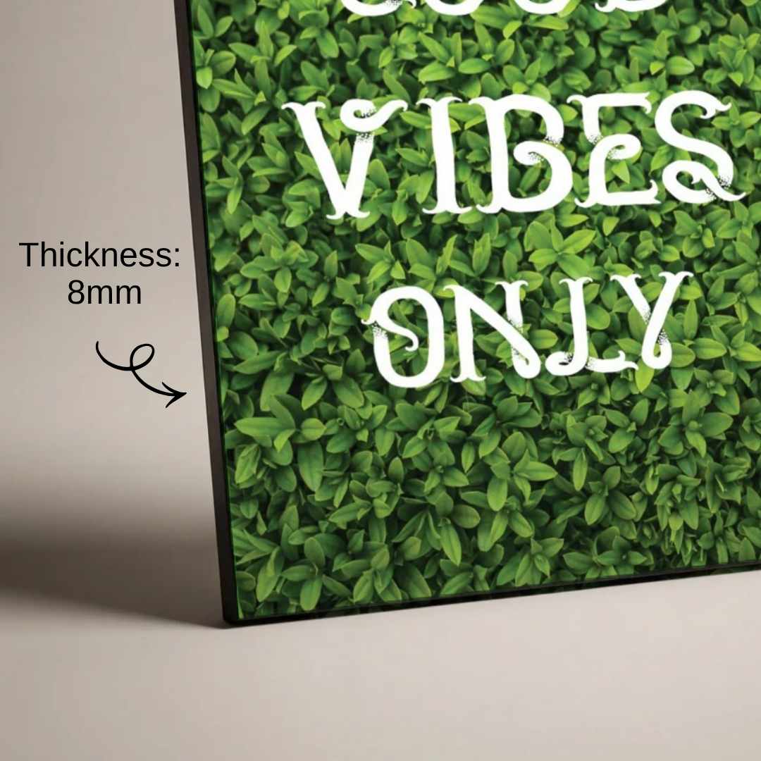 "Good Vibes Only" Green Foliage Typography Poster | Vertical Borderless Art Frame Poster Premium Wall Art Canvas by MeriDeewar