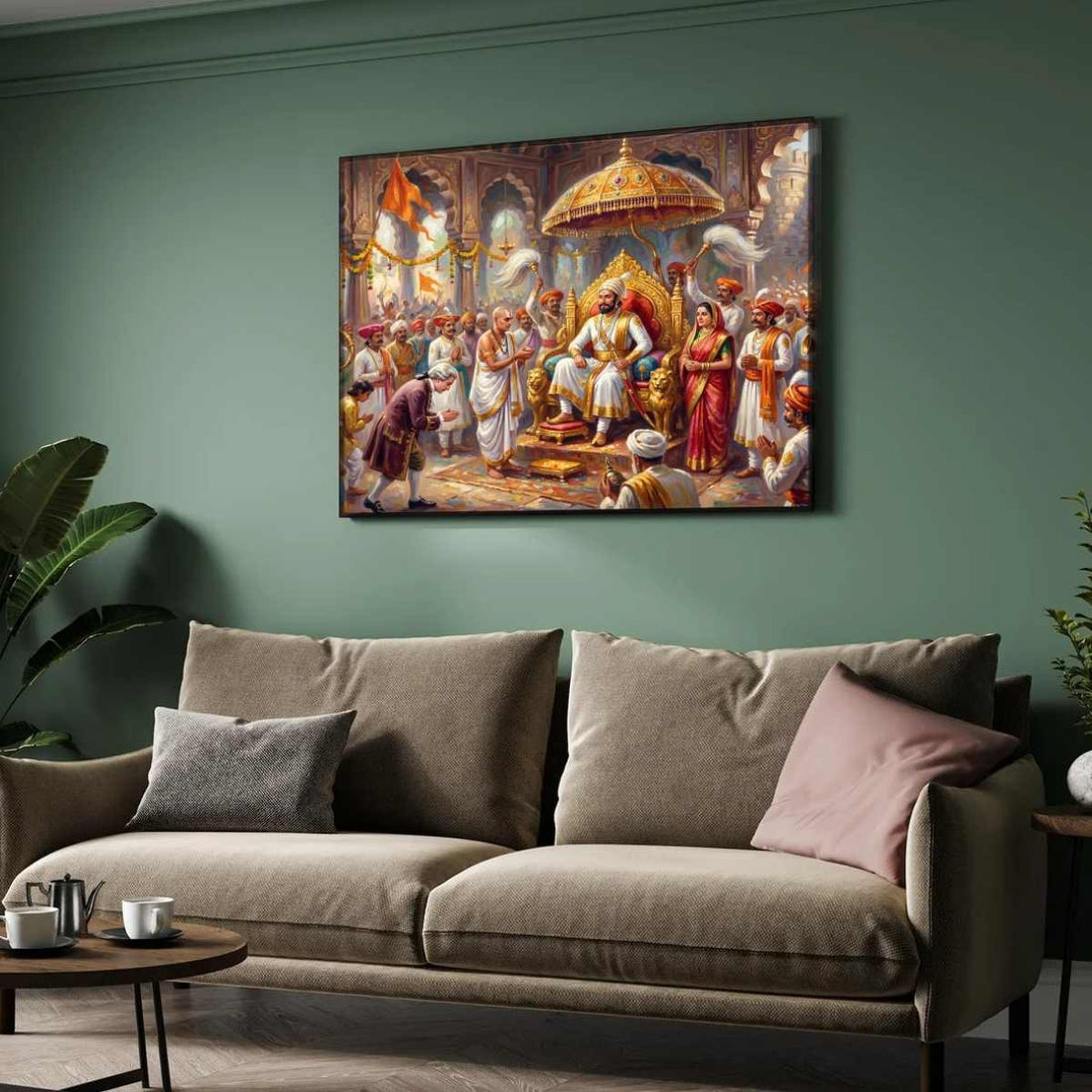 Grand Coronation of Chhatrapati Shivaji Maharaj Oil Painting | Horizontal Black Framed Wall Art 2 : 1 Horizontal Premium Wall Art Canvas by MeriDeewar