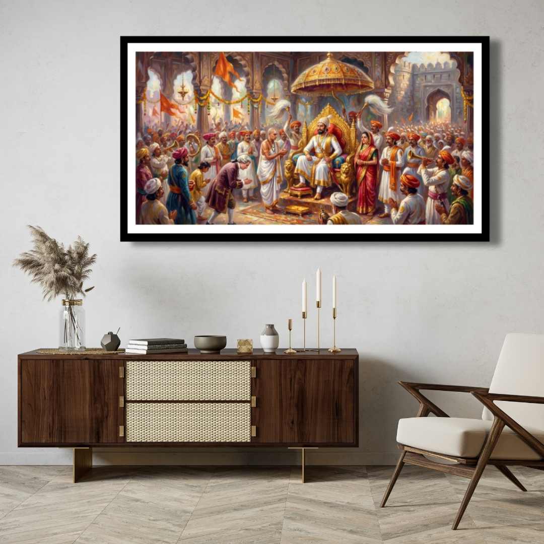 Grand Coronation of Chhatrapati Shivaji Maharaj Oil Painting | Horizontal Black Framed Wall Art 2 : 1 Horizontal Premium Wall Art Canvas by MeriDeewar