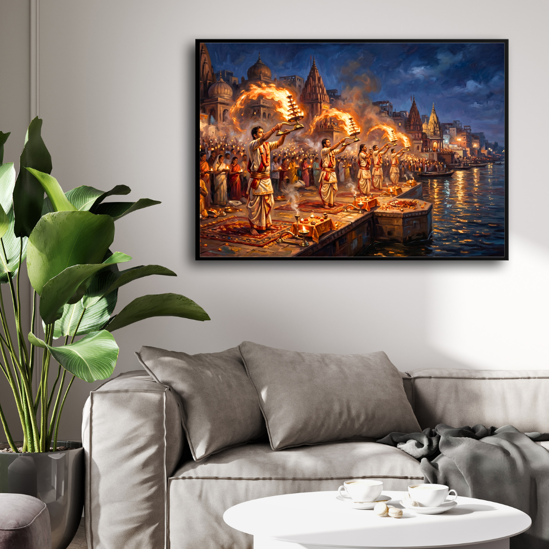 Grand Ganga Aarti Varanasi Ghats Wall Art |  Oil Painting Framed Print 2 : 3 Horizontal Premium Wall Art Canvas by MeriDeewar