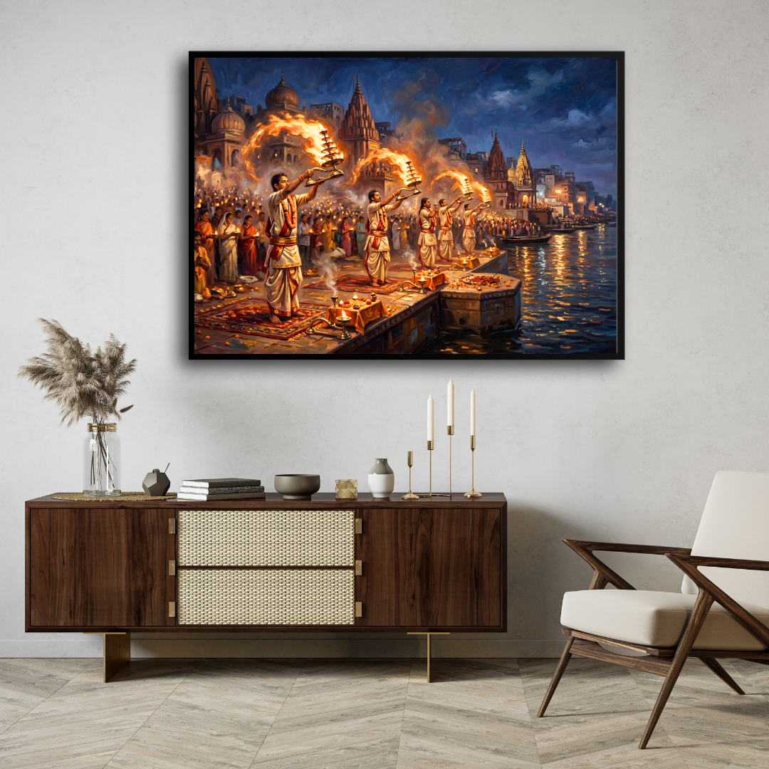 Grand Ganga Aarti Varanasi Ghats Wall Art |  Oil Painting Framed Print 2 : 3 Horizontal Premium Wall Art Canvas by MeriDeewar