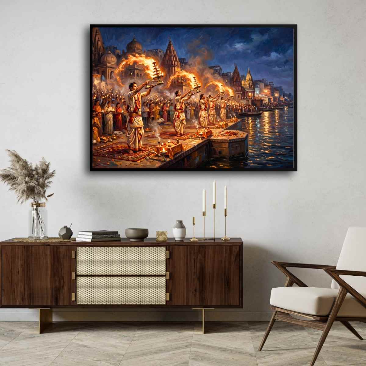 Grand Ganga Aarti Varanasi Ghats Wall Art |  Oil Painting Framed Print 2 : 3 Horizontal Premium Wall Art Canvas by MeriDeewar