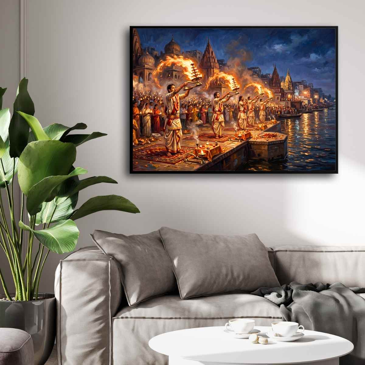 Grand Ganga Aarti Varanasi Ghats Wall Art |  Oil Painting Framed Print 2 : 3 Horizontal Premium Wall Art Canvas by MeriDeewar