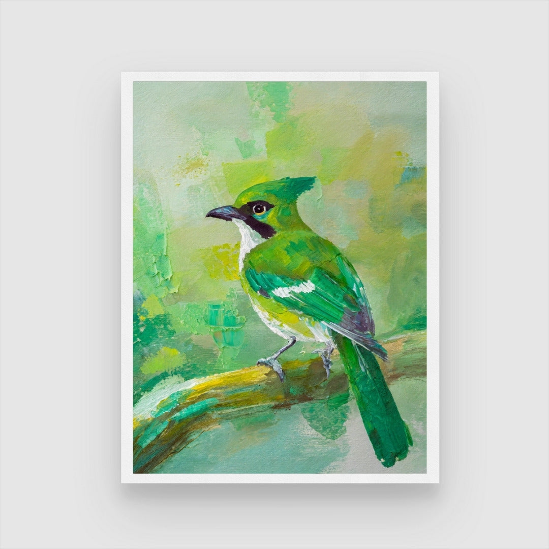 Green Jay Bird Abstract Art - Unique Canvas Painting 3 : 4 Vertical New Premium Wall Art Canvas by MeriDeewar