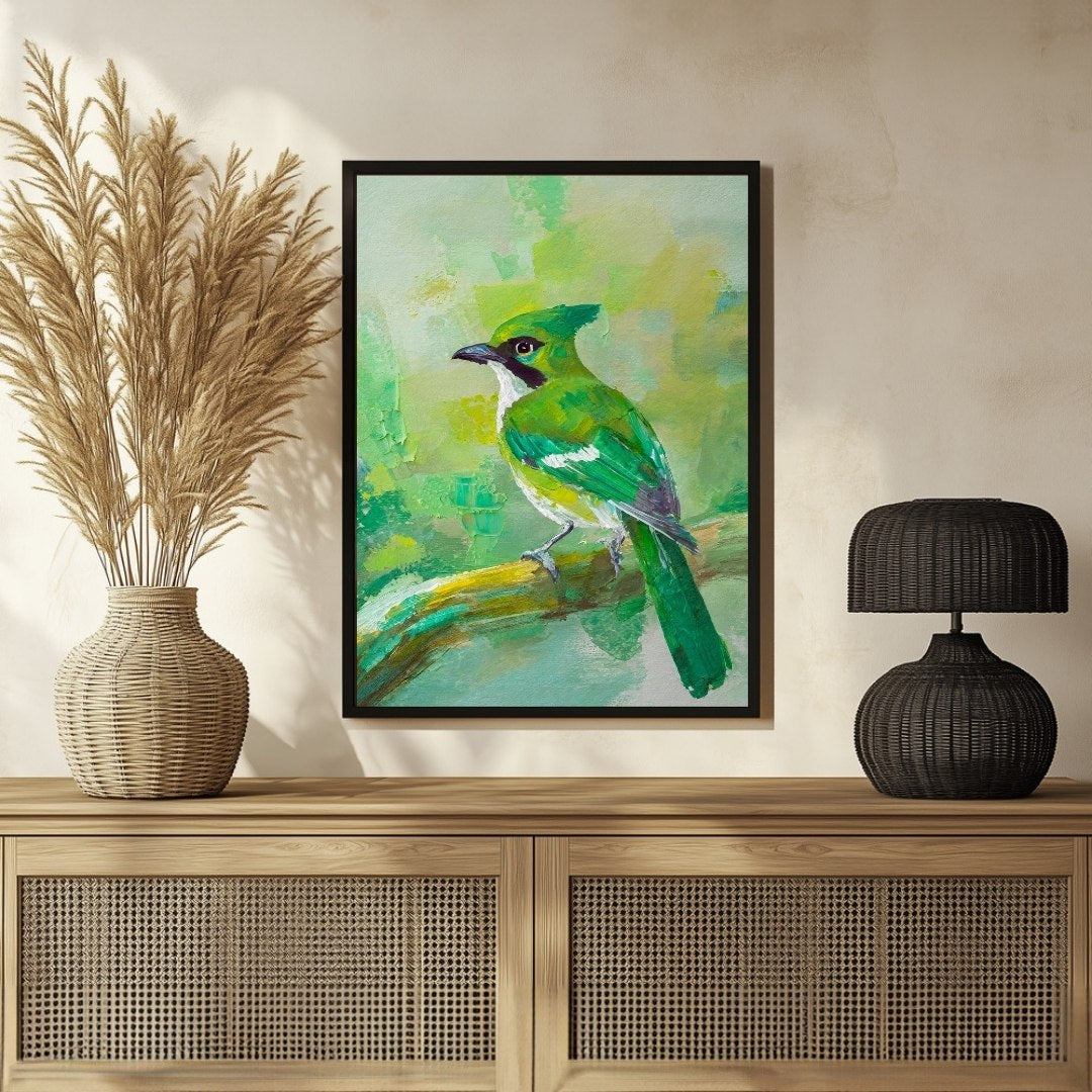 Green Jay Bird Abstract Art - Unique Canvas Painting 3 : 4 Vertical New Premium Wall Art Canvas by MeriDeewar