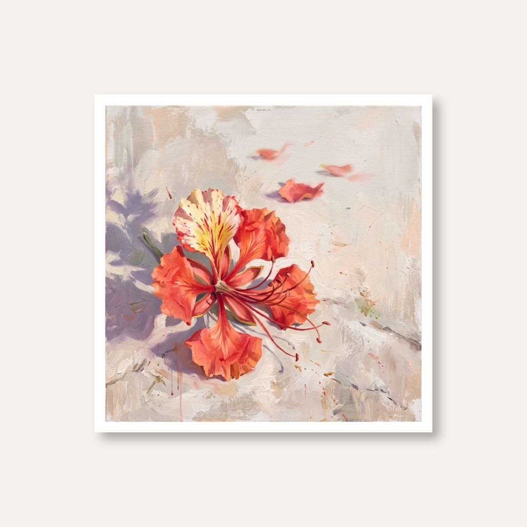 Gulmohar Fallen | Fallen Petals Floral Wall Art 1 : 1 Square Premium Wall Art Canvas by MeriDeewar
