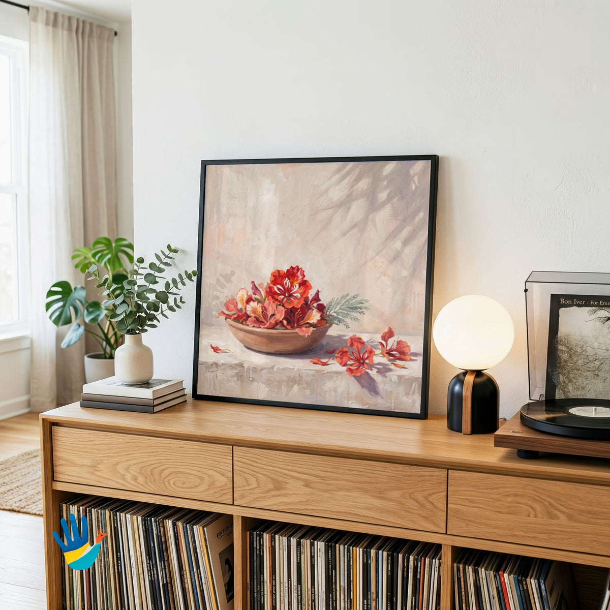 Gulmohar in a Clay Bowl | Floral Still Life Wall Art 1 : 1 Square Premium Wall Art Canvas by MeriDeewar