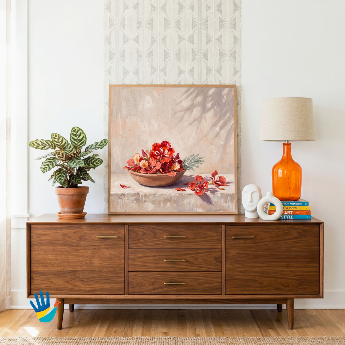 Gulmohar in a Clay Bowl | Floral Still Life Wall Art 1 : 1 Square Premium Wall Art Canvas by MeriDeewar