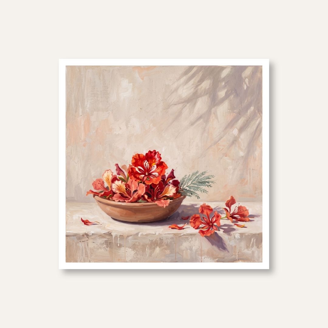 Gulmohar in a Clay Bowl | Floral Still Life Wall Art 1 : 1 Square Premium Wall Art Canvas by MeriDeewar