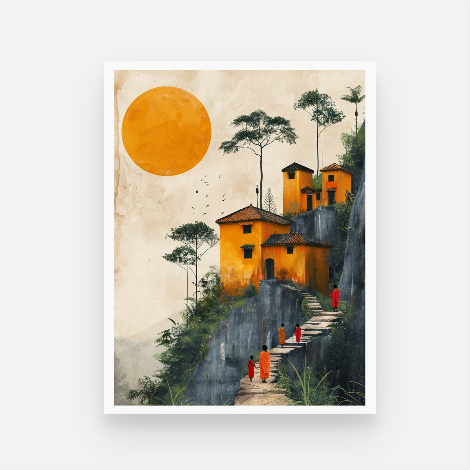 Guru's Wisdom: Village Scene Watercolor Art - MeriDeewar.com 3 : 4 Vertical New Premium Wall Art Canvas by MeriDeewar