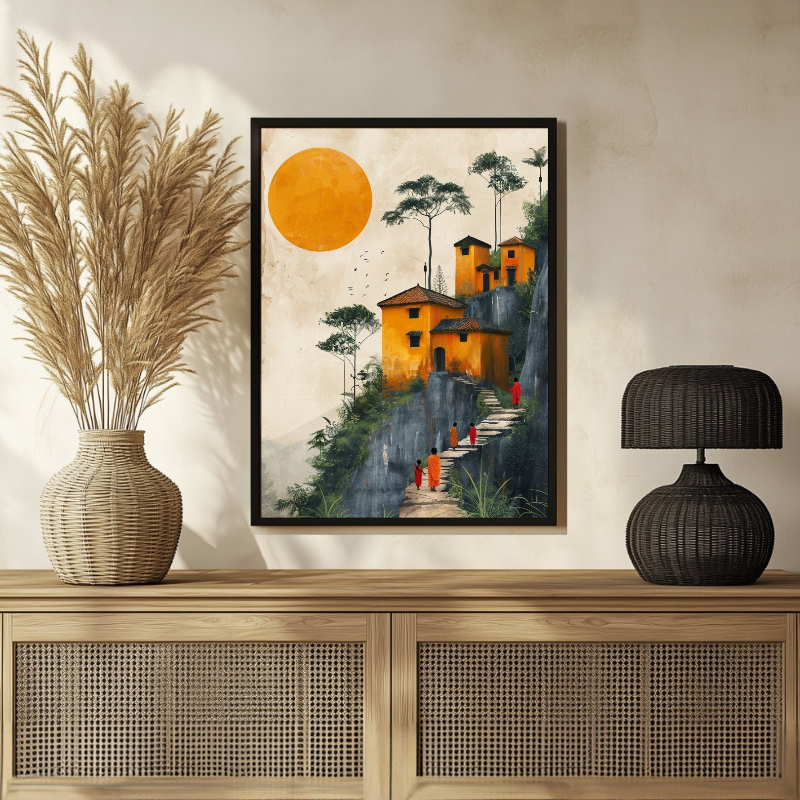 Guru's Wisdom: Village Scene Watercolor Art - MeriDeewar.com 3 : 4 Vertical New Premium Wall Art Canvas by MeriDeewar
