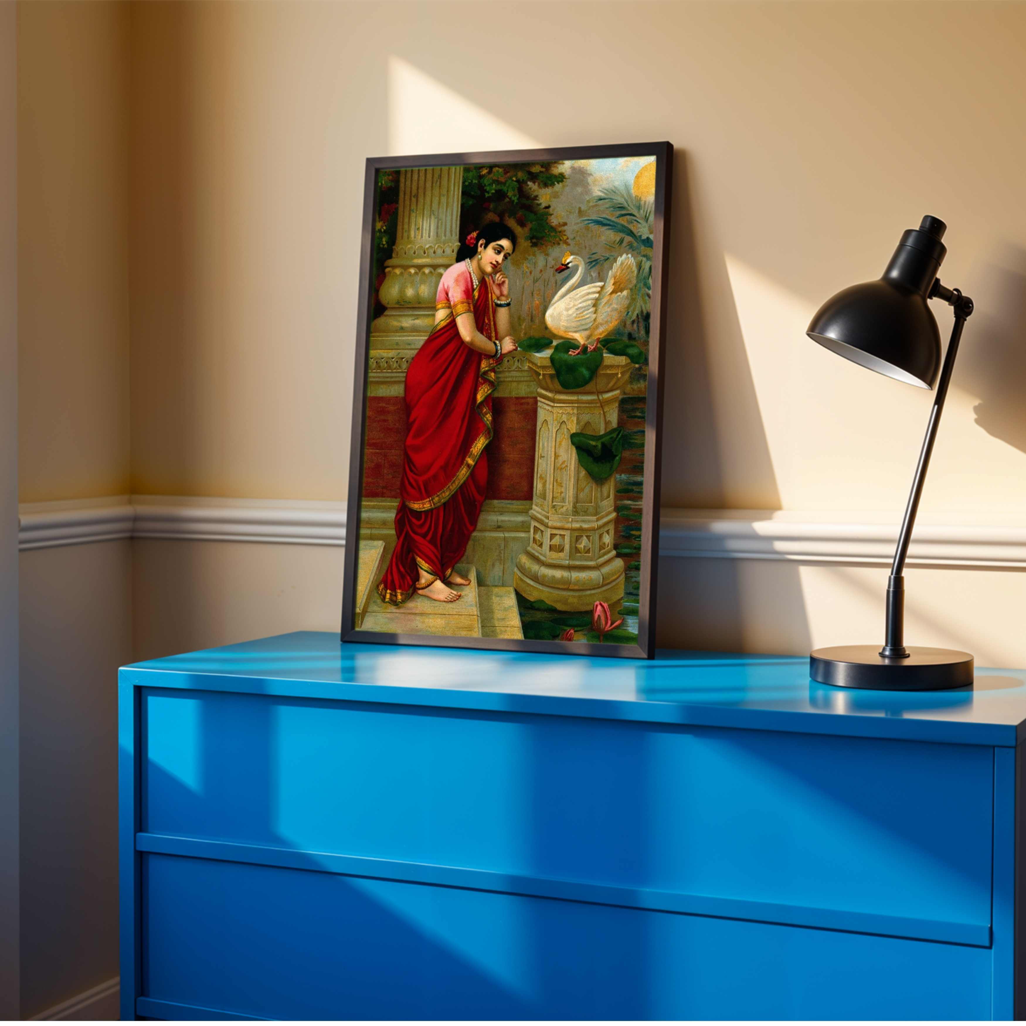 Hamsa Damayanti Raja Ravi Varma Painting for Living Room | Indian Classical Wall Art Print 2 : 3 Vertical Premium Wall Art Canvas by MeriDeewar