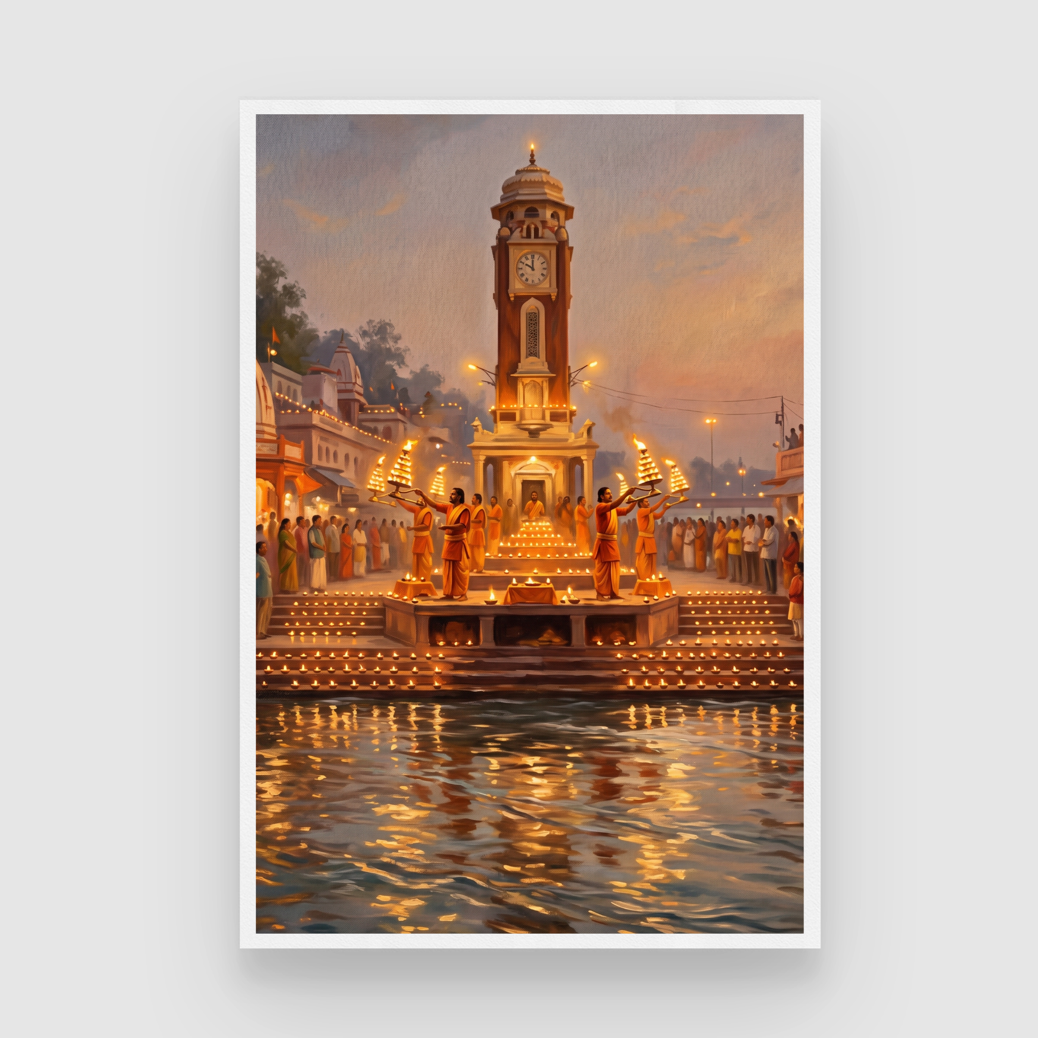 Har Ki Pauri Evening Aarti Wall Art | Edge-to-Edge Vertical Oil Painting Print 2 : 3 Vertical Premium Wall Art Canvas by MeriDeewar