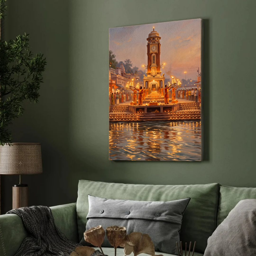 Har Ki Pauri Evening Aarti Wall Art | Edge-to-Edge Vertical Oil Painting Print 2 : 3 Vertical Premium Wall Art Canvas by MeriDeewar