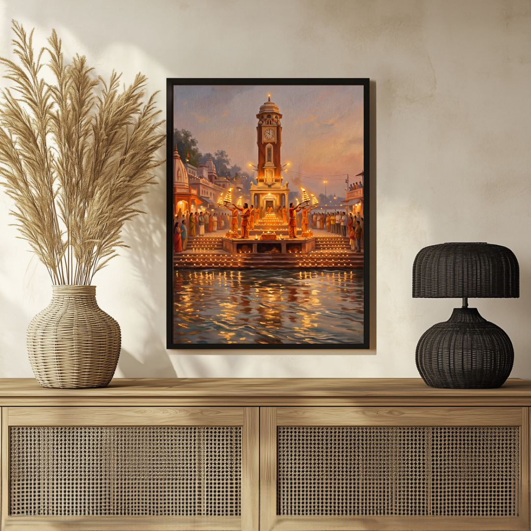 Har Ki Pauri Evening Aarti Wall Art | Edge-to-Edge Vertical Oil Painting Print 2 : 3 Vertical Premium Wall Art Canvas by MeriDeewar