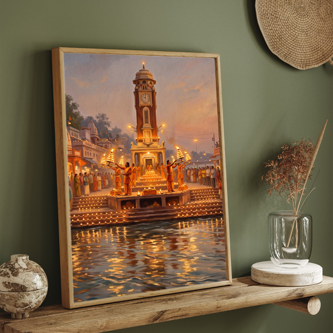 Har Ki Pauri Evening Aarti Wall Art | Edge-to-Edge Vertical Oil Painting Print 2 : 3 Vertical Premium Wall Art Canvas by MeriDeewar