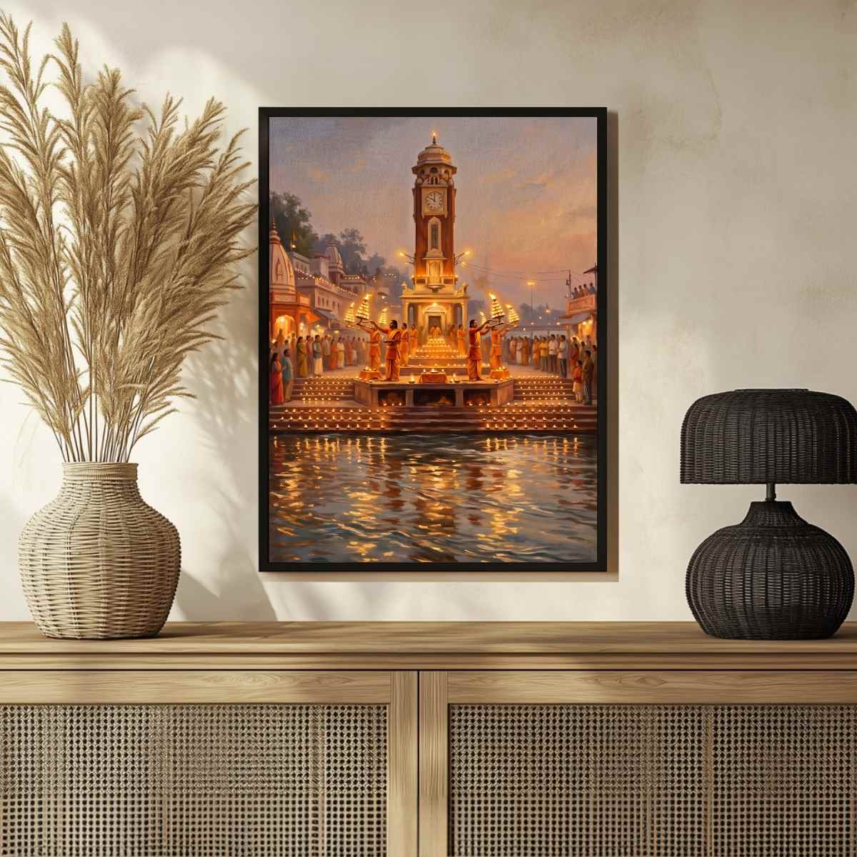 Har Ki Pauri Evening Aarti Wall Art | Edge-to-Edge Vertical Oil Painting Print 2 : 3 Vertical Premium Wall Art Canvas by MeriDeewar