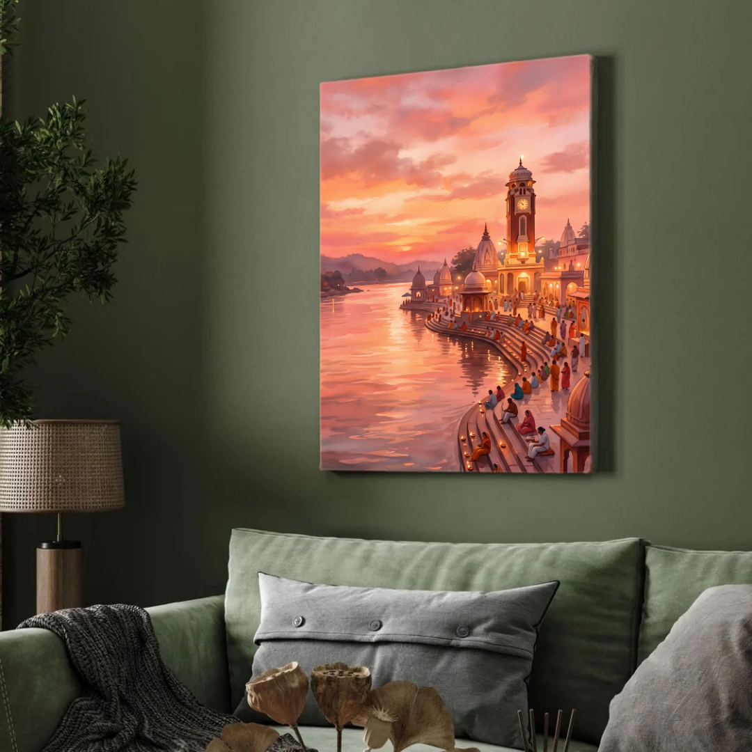 Har Ki Pauri Haridwar Sunset Wall Art | Vertical Watercolor Print 2 : 3 Vertical Premium Wall Art Canvas by MeriDeewar