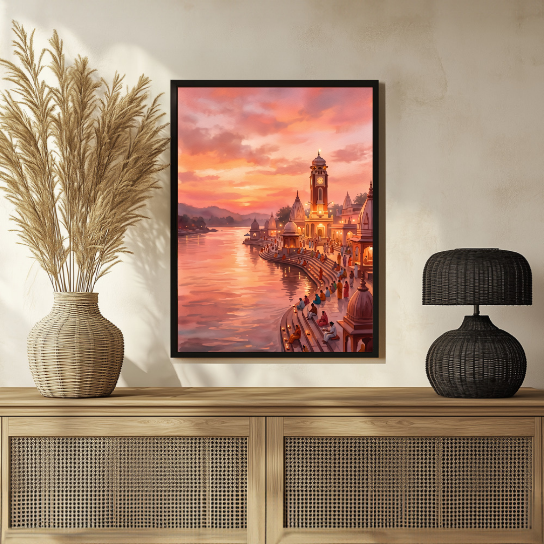 Har Ki Pauri Haridwar Sunset Wall Art | Vertical Watercolor Print 2 : 3 Vertical Premium Wall Art Canvas by MeriDeewar