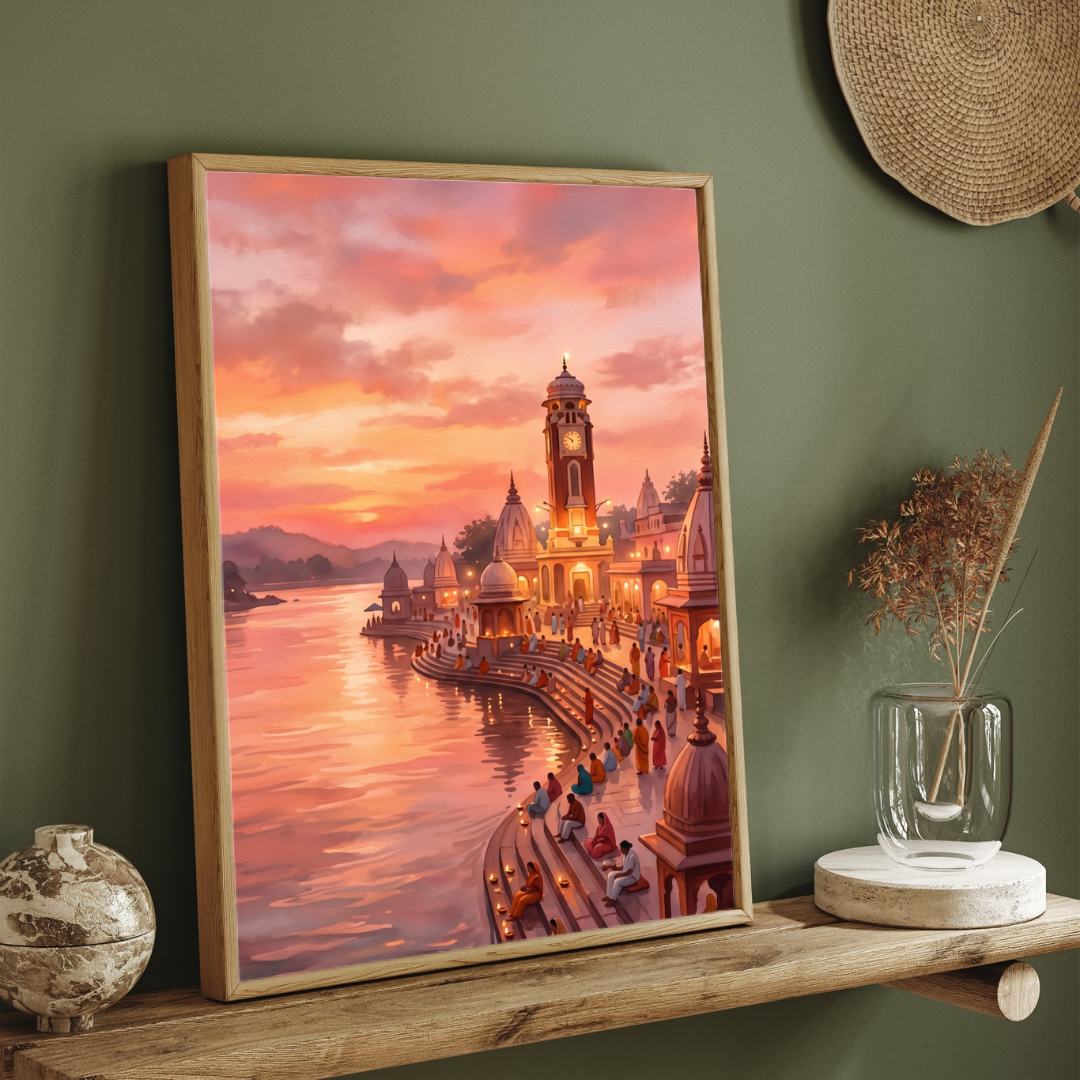 Har Ki Pauri Haridwar Sunset Wall Art | Vertical Watercolor Print 2 : 3 Vertical Premium Wall Art Canvas by MeriDeewar