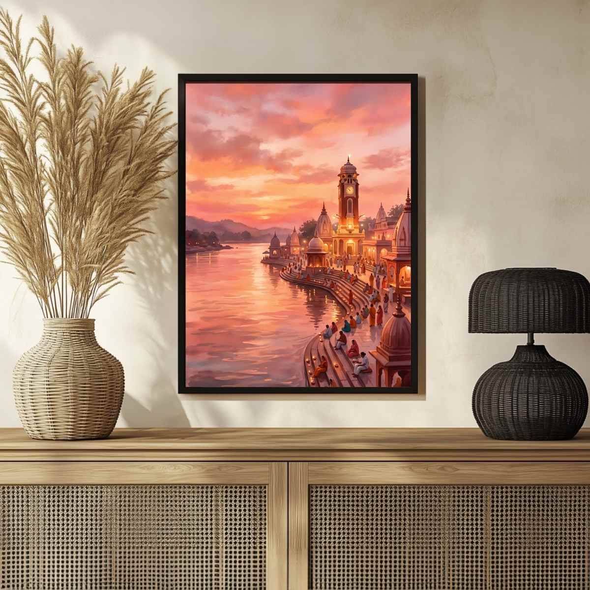 Har Ki Pauri Haridwar Sunset Wall Art | Vertical Watercolor Print 2 : 3 Vertical Premium Wall Art Canvas by MeriDeewar