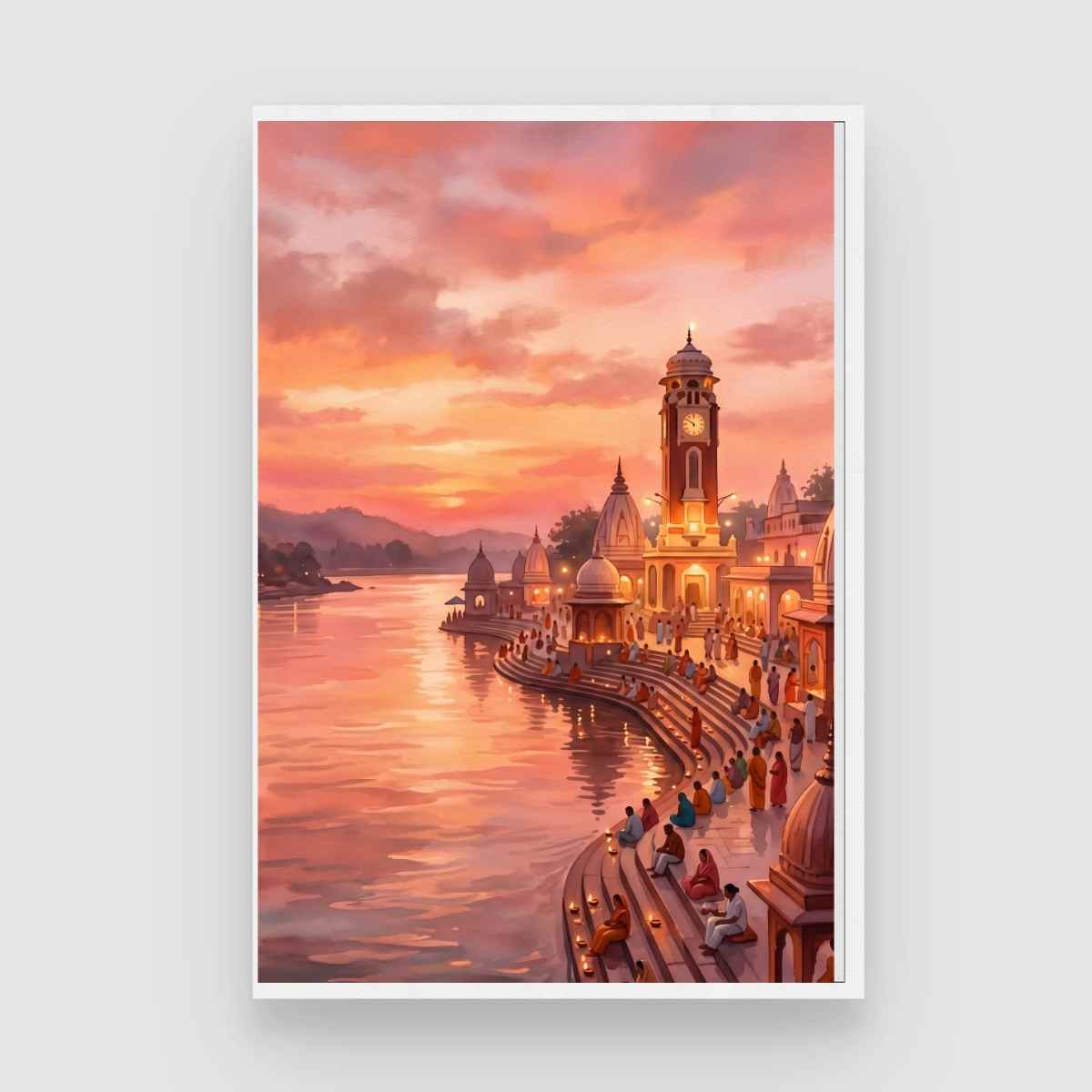 Har Ki Pauri Haridwar Sunset Wall Art | Vertical Watercolor Print 2 : 3 Vertical Premium Wall Art Canvas by MeriDeewar