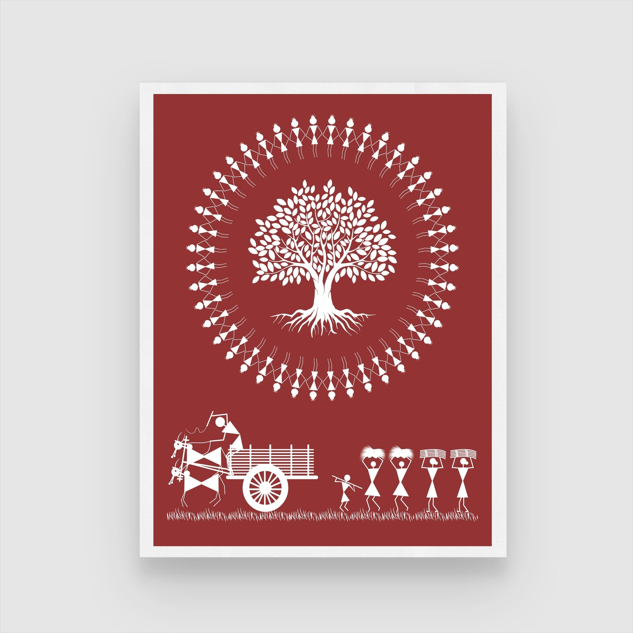 Harmony in Warli: Rural Bliss & Tree of Life Art 3 : 4 Vertical New Premium Wall Art Canvas by MeriDeewar