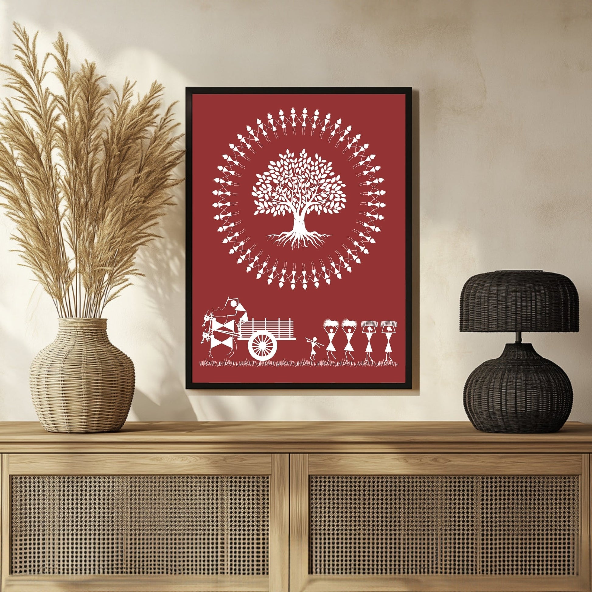 Harmony in Warli: Rural Bliss & Tree of Life Art 3 : 4 Vertical New Premium Wall Art Canvas by MeriDeewar