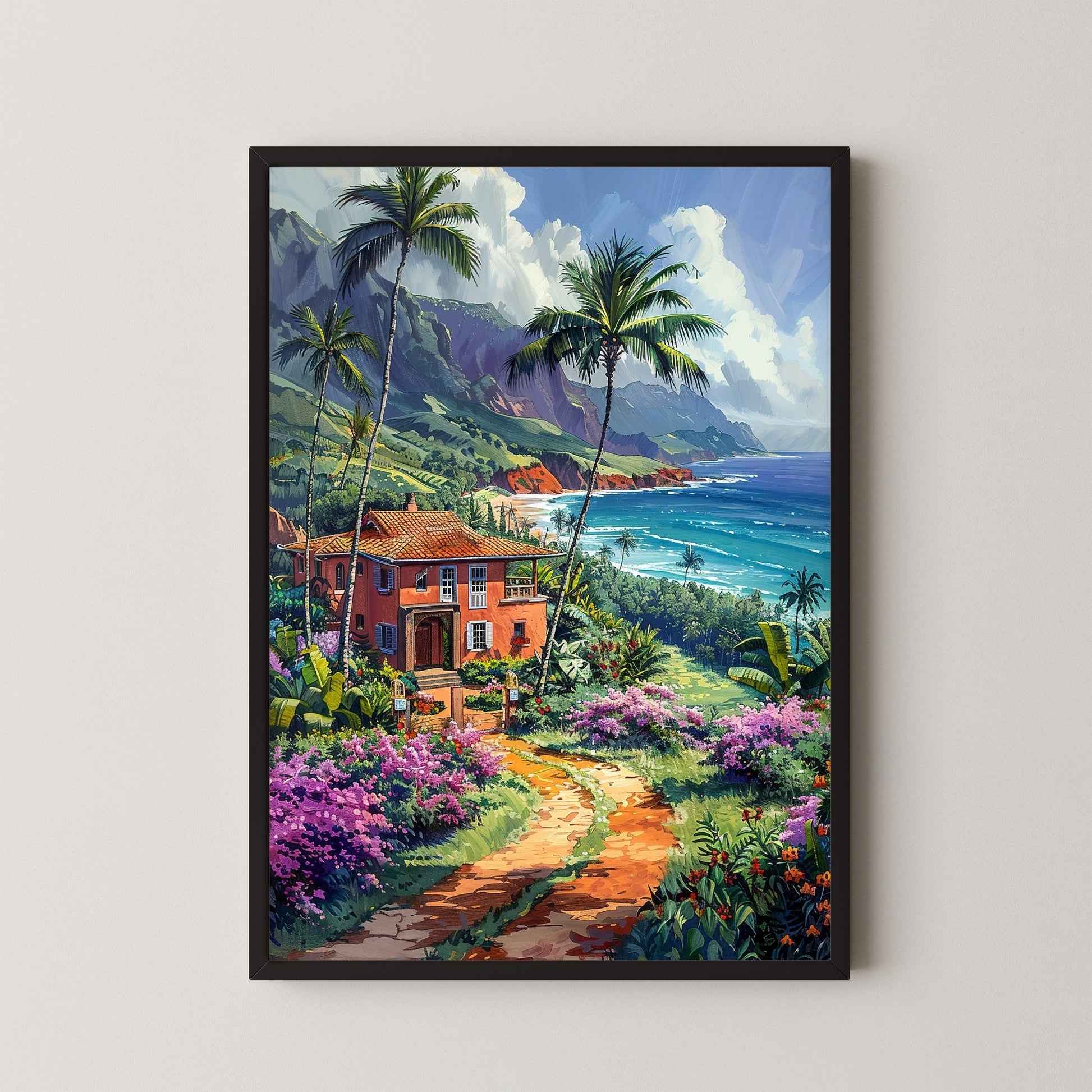 Hawaii Landscape Painting | Tropical Island Paradise Canvas Wall Art 2 : 3 Vertical Premium Wall Art Canvas by MeriDeewar