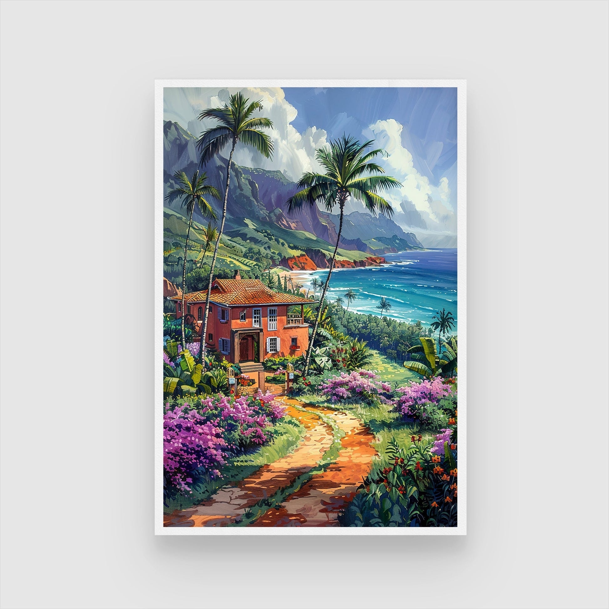 Hawaii Landscape Painting | Tropical Island Paradise Canvas Wall Art 2 : 3 Vertical Premium Wall Art Canvas by MeriDeewar