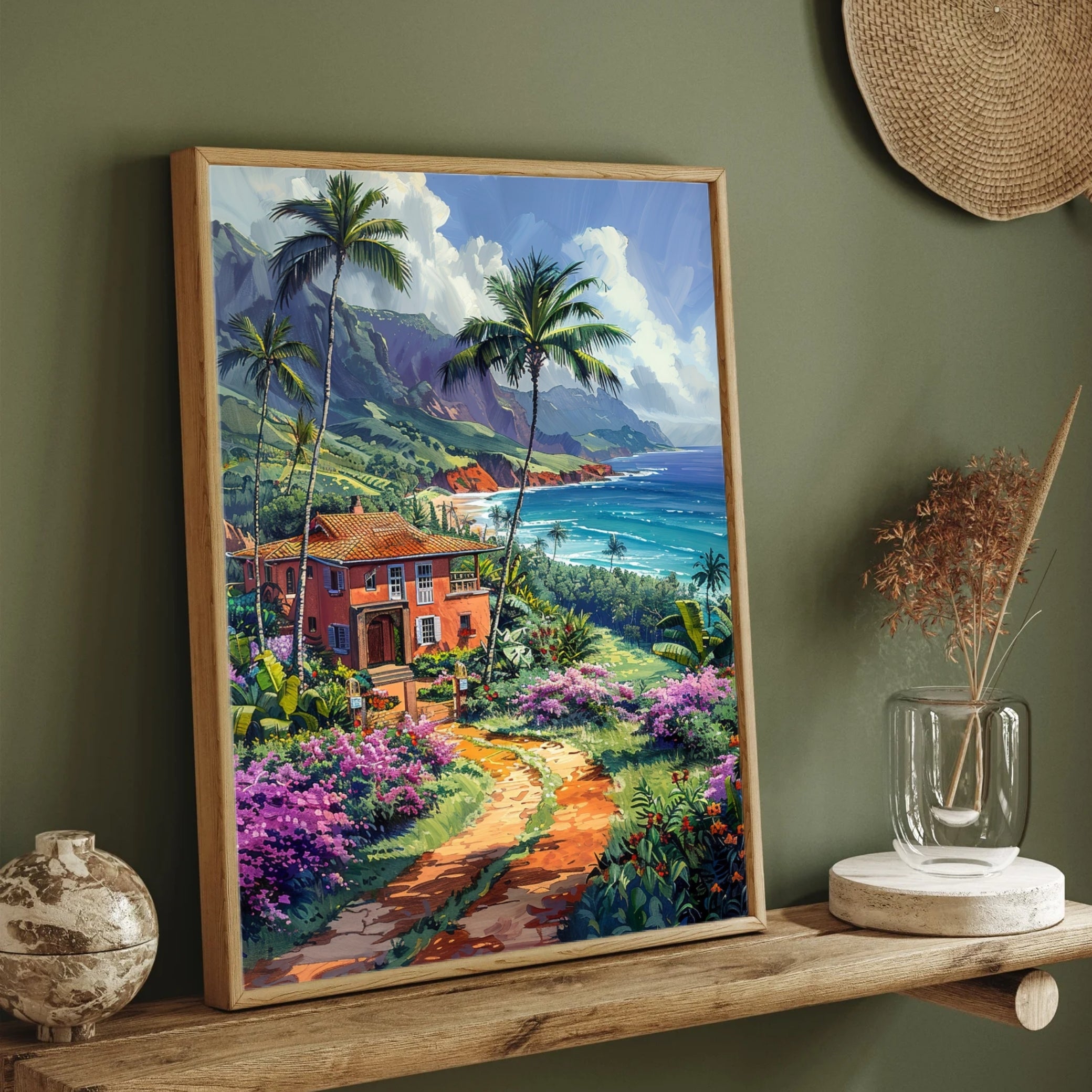 Hawaii Landscape Painting | Tropical Island Paradise Canvas Wall Art 2 : 3 Vertical Premium Wall Art Canvas by MeriDeewar