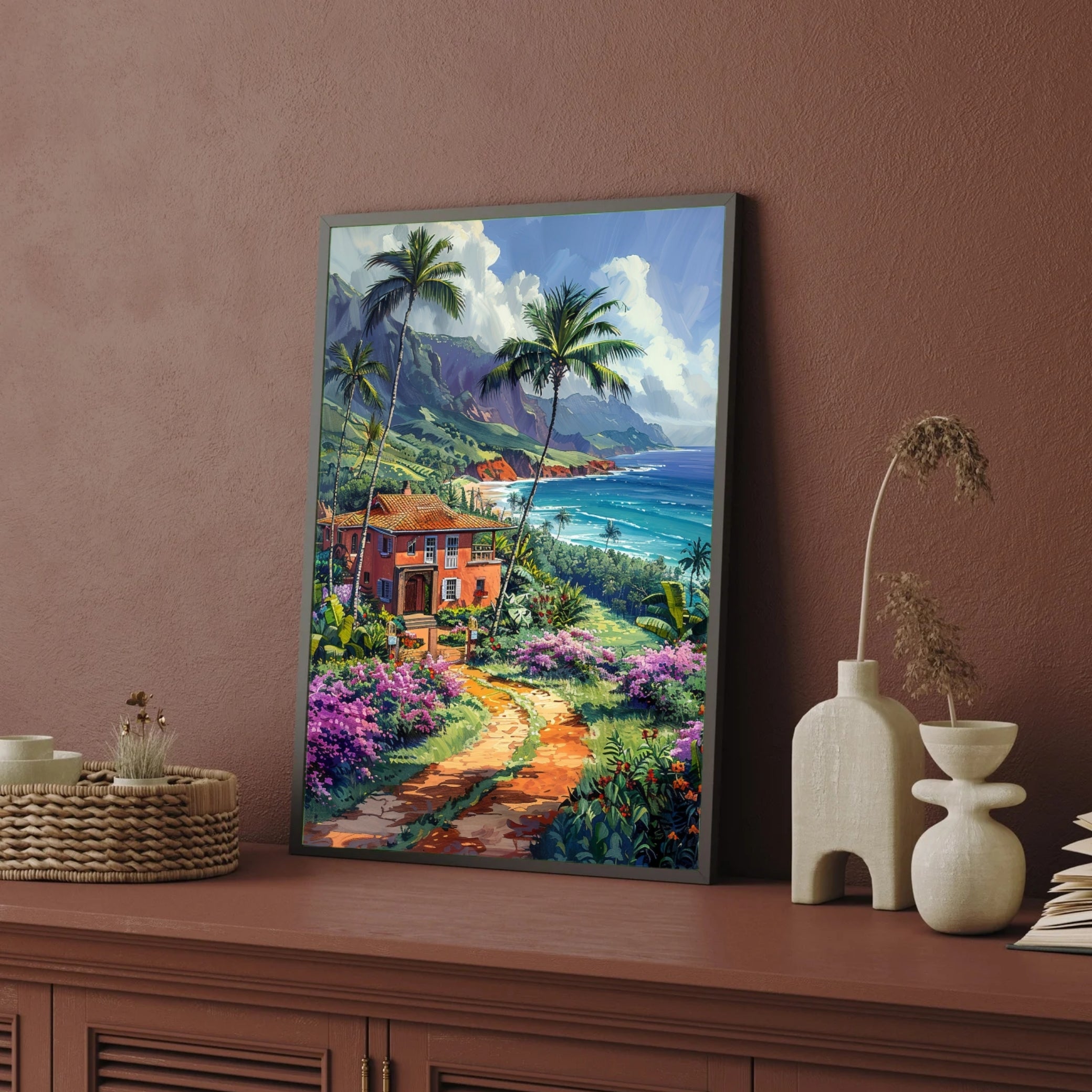 Hawaii Landscape Painting | Tropical Island Paradise Canvas Wall Art 2 : 3 Vertical Premium Wall Art Canvas by MeriDeewar