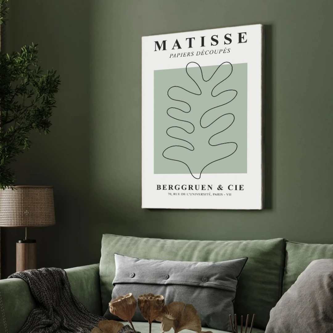Henri Matisse "Berggruen & Cie" Sage Green Oak Leaf Exhibition Poster | Vertical Retro White Framed Wall Art 2 : 3 Vertical Premium Wall Art Canvas by MeriDeewar