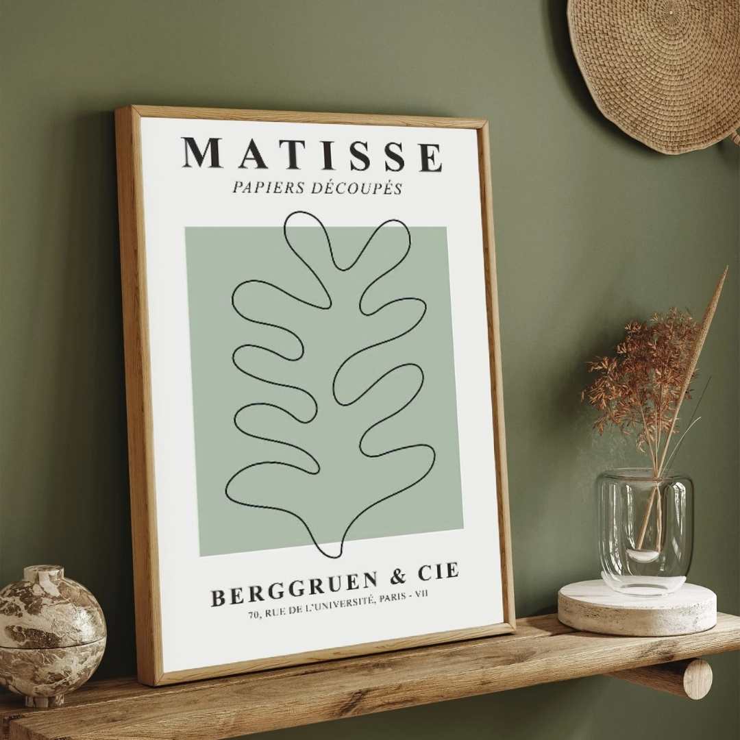 Henri Matisse "Berggruen & Cie" Sage Green Oak Leaf Exhibition Poster | Vertical Retro White Framed Wall Art 2 : 3 Vertical Premium Wall Art Canvas by MeriDeewar