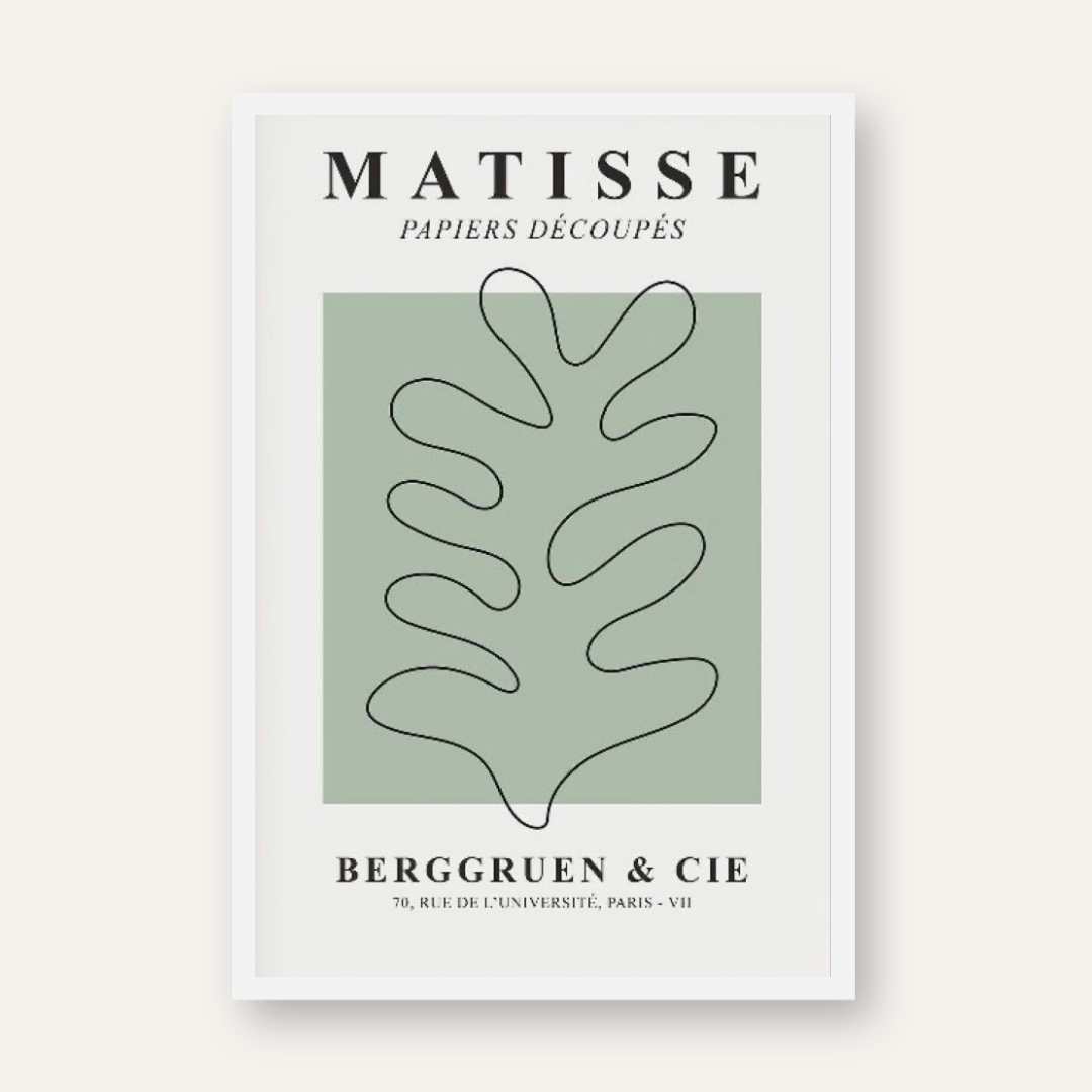 Henri Matisse "Berggruen & Cie" Sage Green Oak Leaf Exhibition Poster | Vertical Retro White Framed Wall Art 2 : 3 Vertical Premium Wall Art Canvas by MeriDeewar