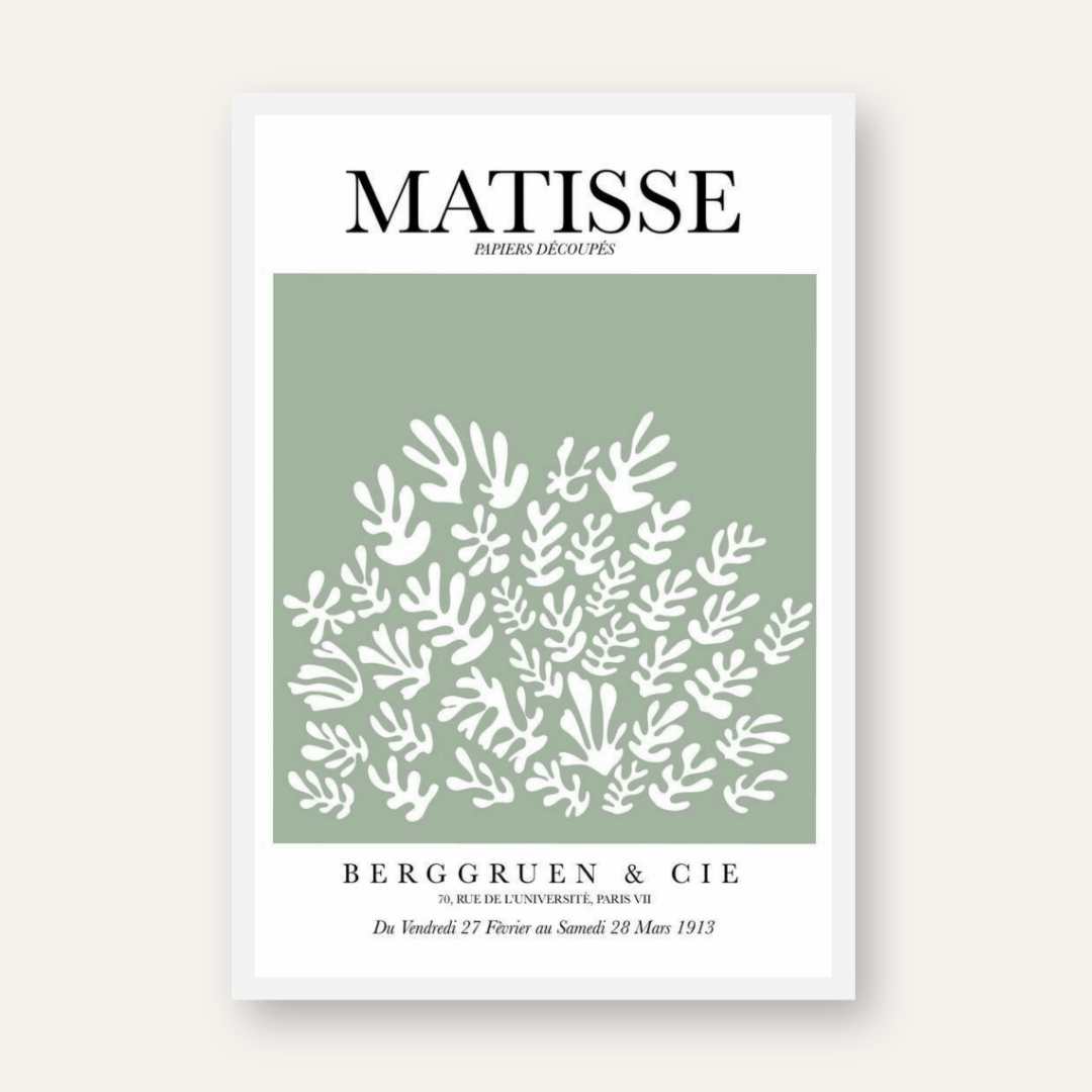 Henri Matisse "La Gerbe" Berggruen & Cie Sage Green Exhibition Poster | Vertical Retro White Framed Wall Art 2 : 3 Vertical Premium Wall Art Canvas by MeriDeewar