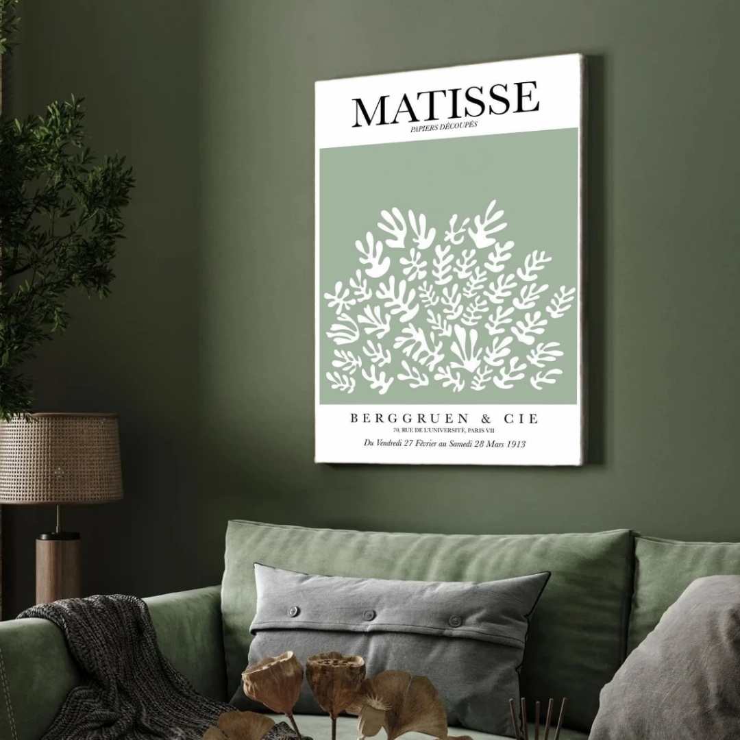 Henri Matisse "La Gerbe" Berggruen & Cie Sage Green Exhibition Poster | Vertical Retro White Framed Wall Art 2 : 3 Vertical Premium Wall Art Canvas by MeriDeewar