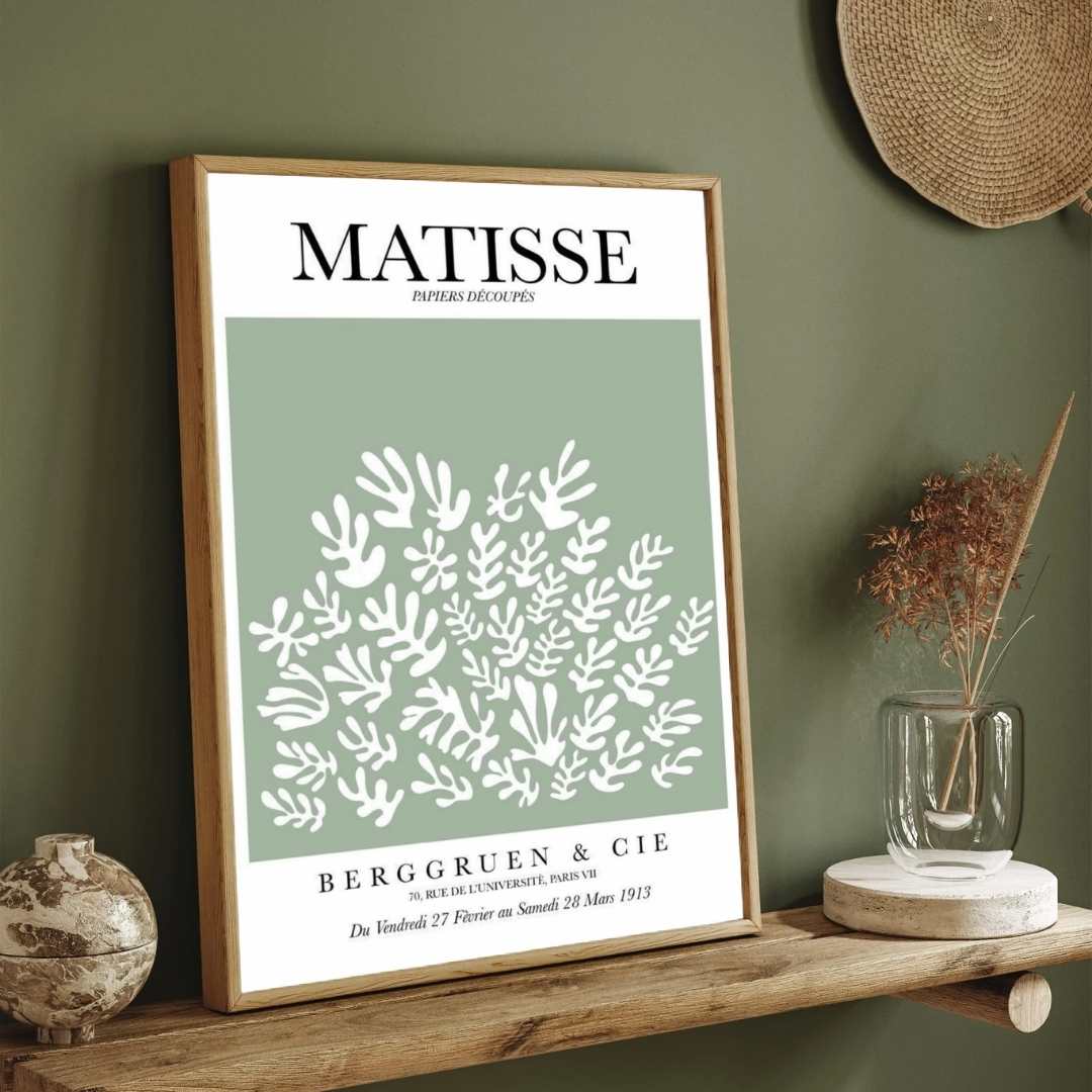 Henri Matisse "La Gerbe" Berggruen & Cie Sage Green Exhibition Poster | Vertical Retro White Framed Wall Art 2 : 3 Vertical Premium Wall Art Canvas by MeriDeewar