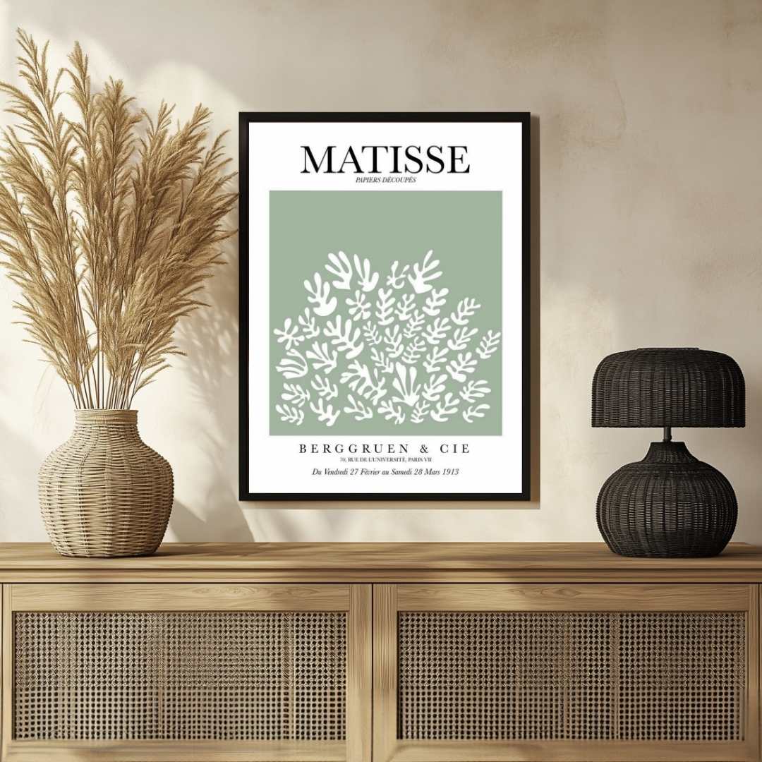Henri Matisse "La Gerbe" Berggruen & Cie Sage Green Exhibition Poster | Vertical Retro White Framed Wall Art 2 : 3 Vertical Premium Wall Art Canvas by MeriDeewar