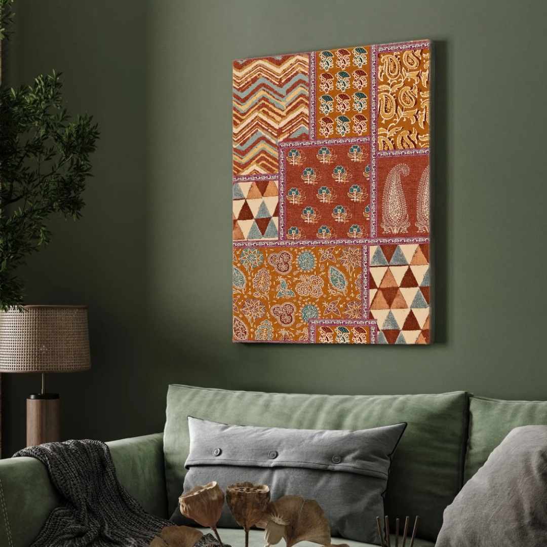 "Heritage Ajrakh Patchwork" Traditional Block Print Giclée Print | Fine Art Wall Art 3 : 4 Vertical Premium Wall Art Canvas by MeriDeewar